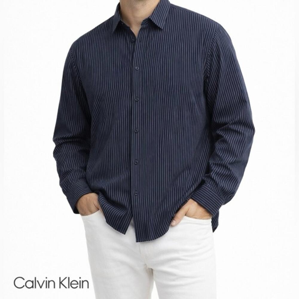 Calvin Klein Shirt Mens XXL Long Sleeve Blue Button Up Casual Going Out Cotton